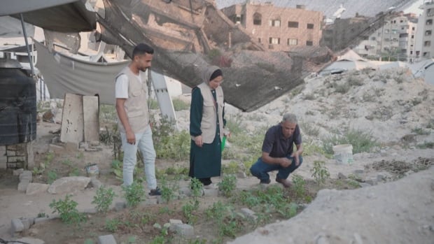 two men and a women stand in front of a garden between rubble and tents