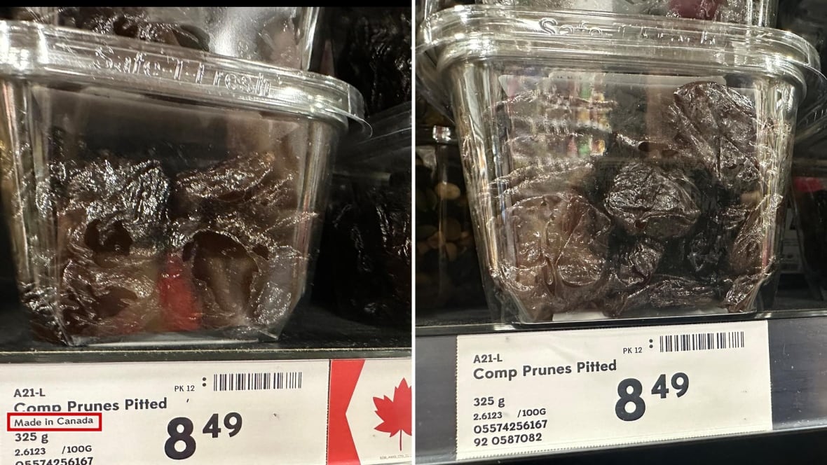 Prunes promoted with a maple leaf and Made in Canada sign, and prunes promoted with out the Canadian branding.