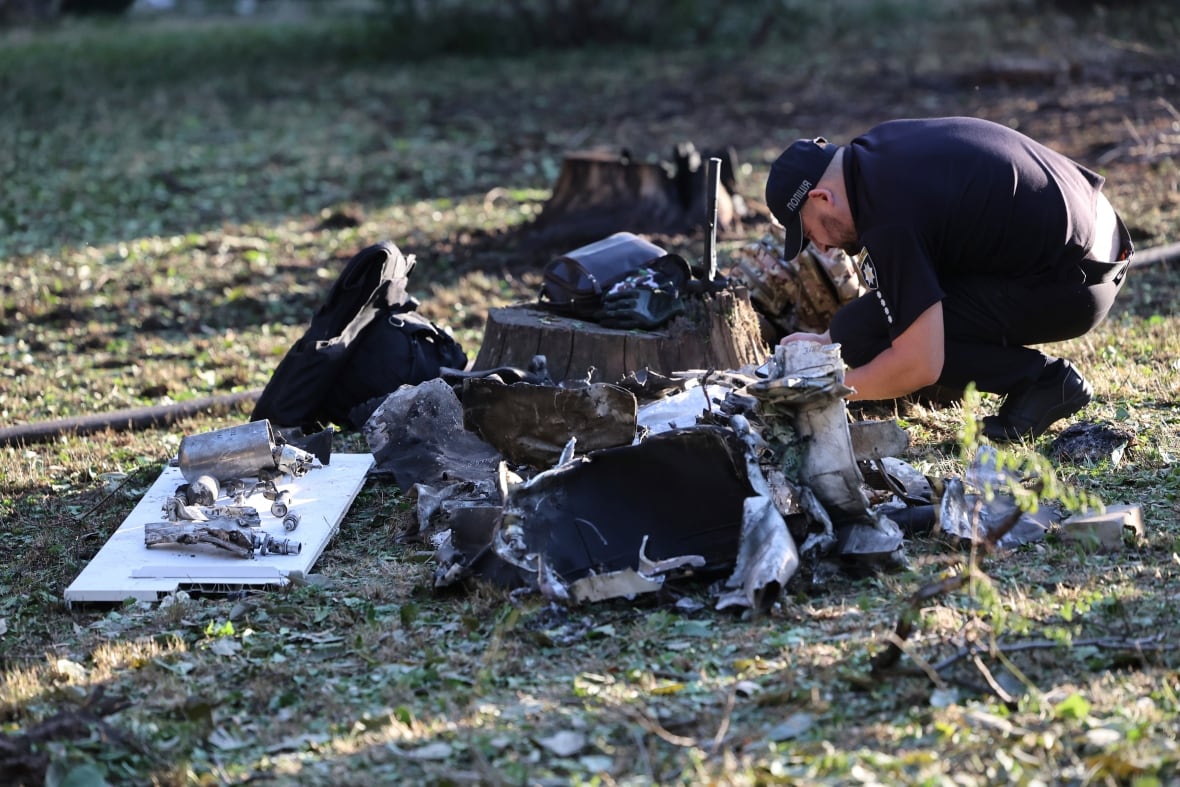 A man inspects the rubble