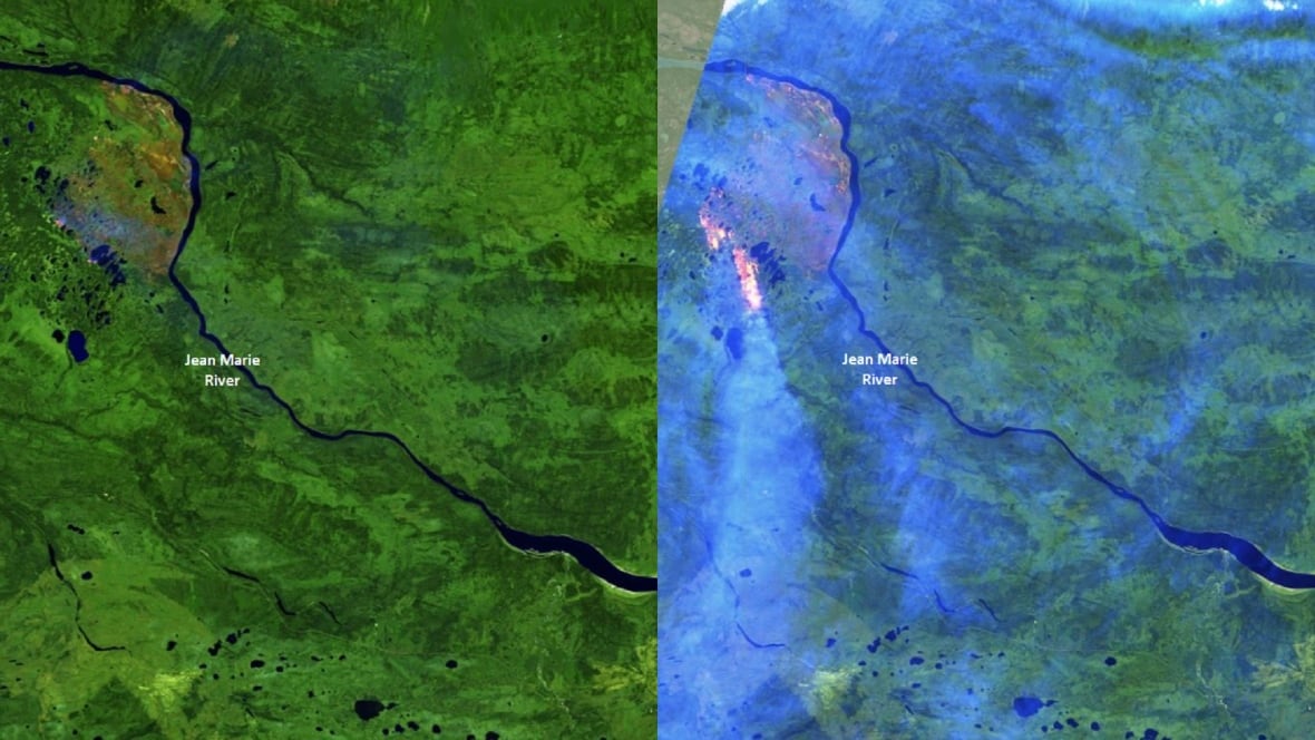 Two side-by-side satellite images in false urban colour show a quiet wildfire on the left, and a smoky, fiery one on the right.