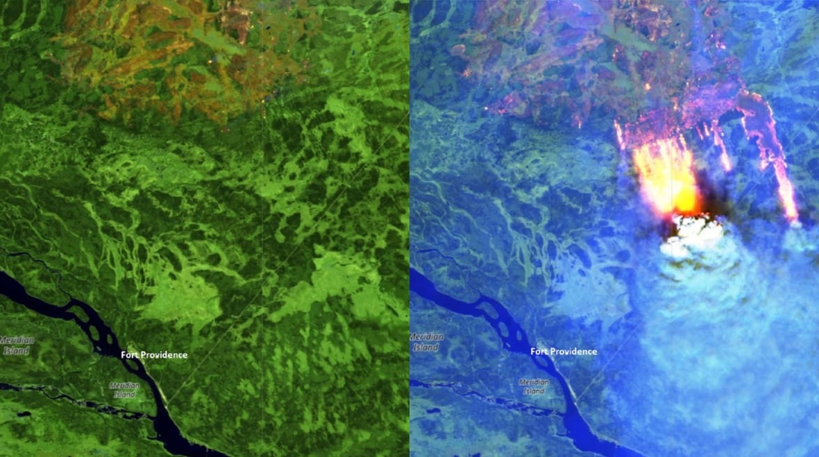 Two satellite images side by side in false urban colour show a quiet wildfire on the left and a raging wildfire on the right.