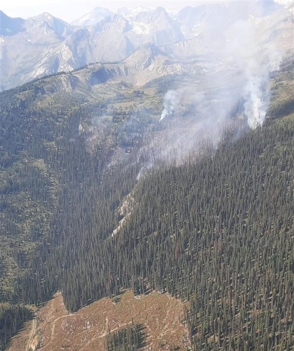 A wildfire burns on a steep forested slope, with picturesque mountains behind it.