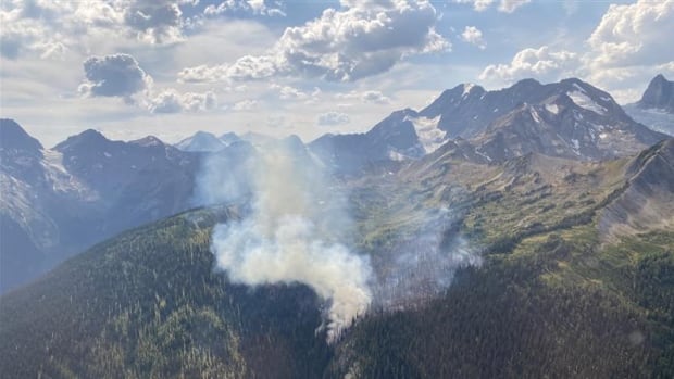 A wildfire burns high in forested slopes, next to picturesque mountains.