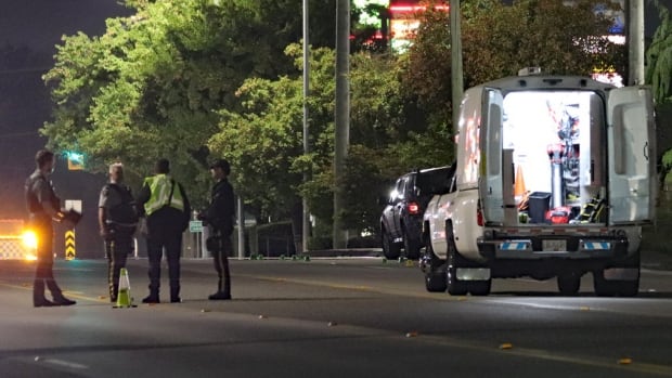 A number of police officers are seen near a forensics van at night.