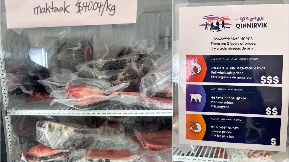 Packages of frozen meat in a freezer next to a multi-coloured pricing sign.