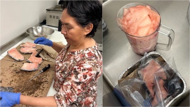 Split screen image. Woman stands at kitchen counter next to a knife, bowl and narwhal meat. Chunks of meat in a container and in plastic bags.