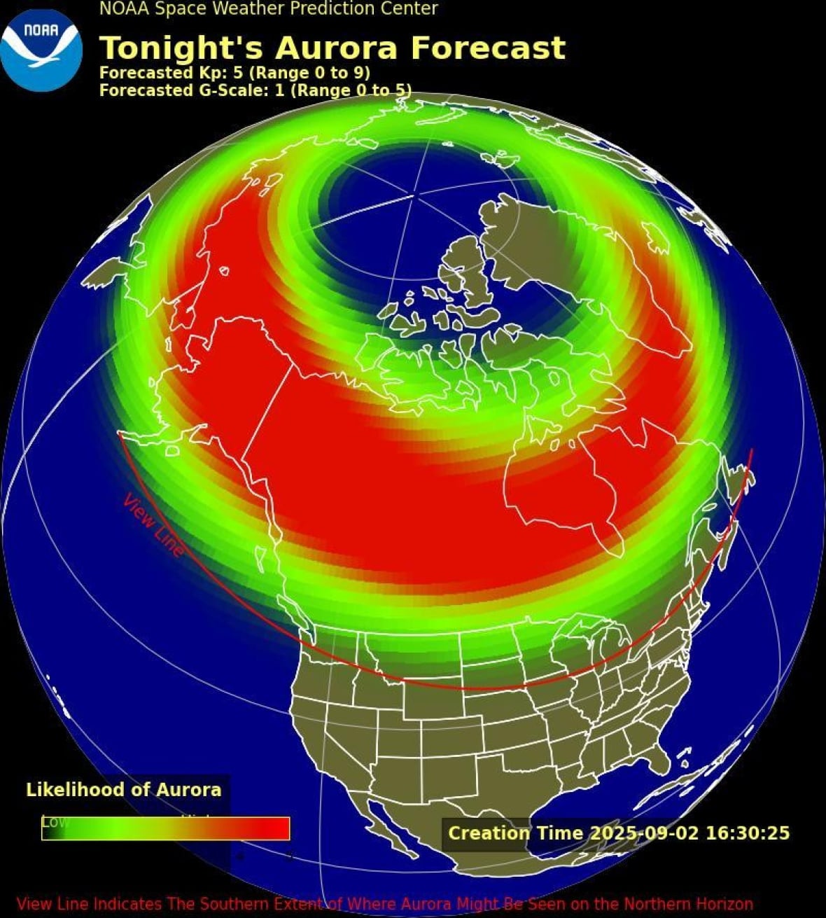 A map of North America with an oval that is mainly red with some green.