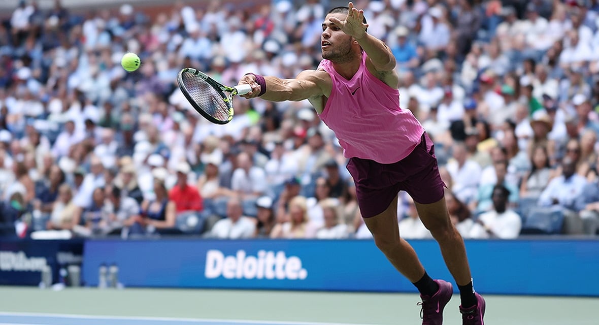 Spanish tennis player Carlos Alcaraz returns to Jiri Lehecka of the Czech Republic during their men’s quarterfinal at the U.S. Open on September 2, 2025 in New York City.