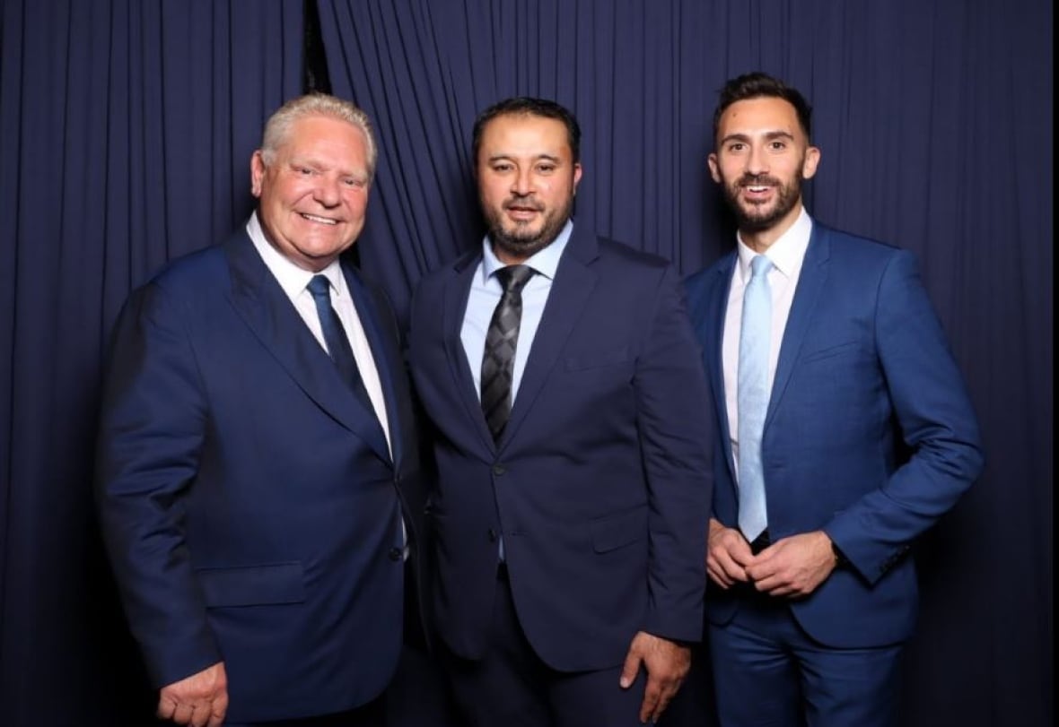 Left to right, Ontario Premier Doug Ford, Aleem Farooqi, Ontario Energy Minister Stephen Lecce. Farooqi posted this photo on Facebook on Dec. 2, 2024, with the caption: 'I'm deeply grateful to Premier Doug Ford for Ontario for supporting small business owners and #ontario students, demonstrating his commitment to a prosperous and educated community. I'm honored to have discussed improving indoor air quality in Ontario schools with Premier Doug Ford for Ontario and Minister Stephen Leccee, and I look forward to working with the Education Minister to create healthier learning environments.'