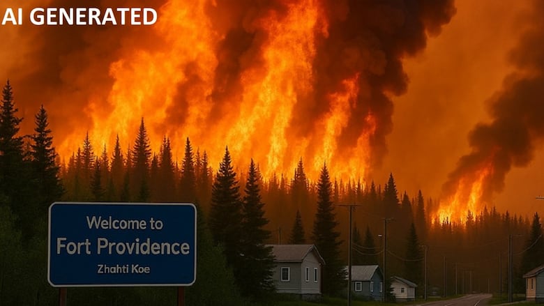 AI-generated image of a paved road and houses with a Fort Providence sign and flames approaching.