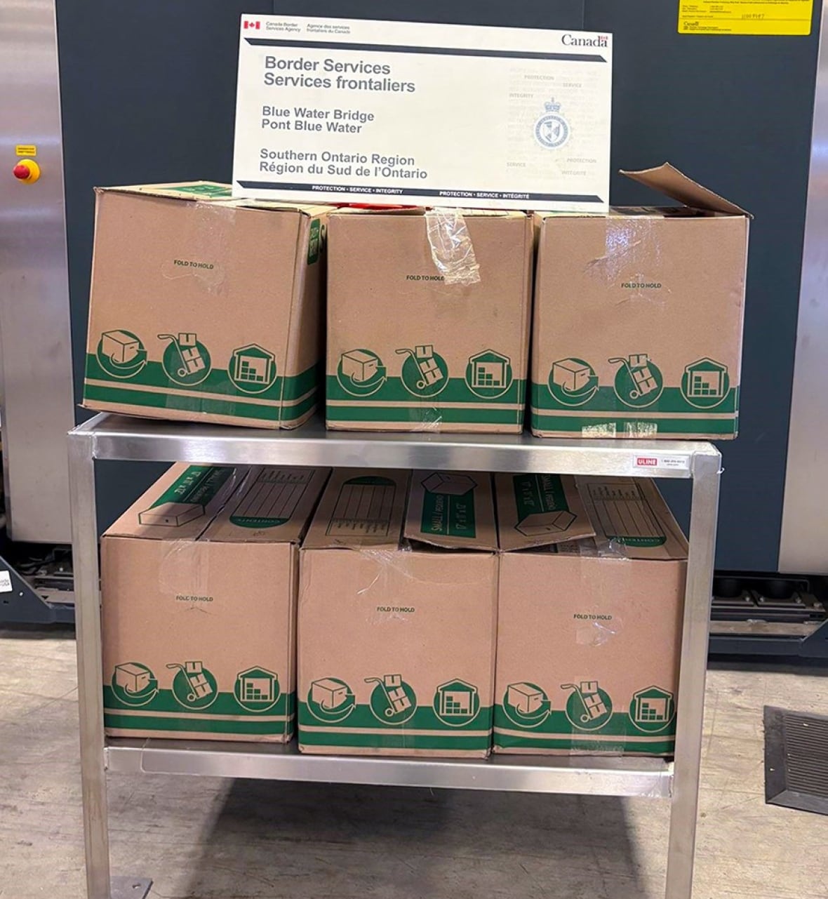 Boxes stuffed with cocaine recovered from a transport truck on the Canadian side of the Blue Water Bridge in August 2025.