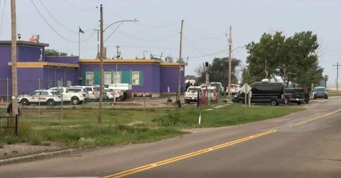 Multiple RCMP vehicles are shown outside a purple building.