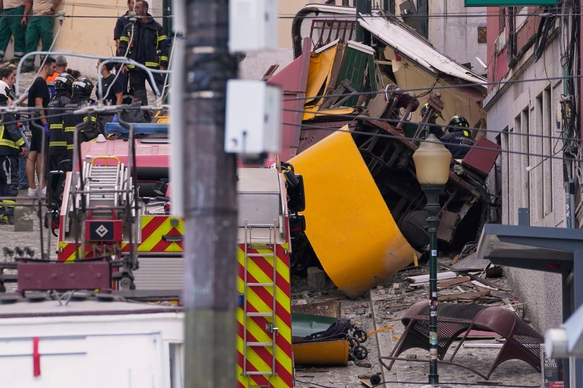 Emergency teams at the scene of the accident involved in a trilli in the Portuguese capital, Lisbon.