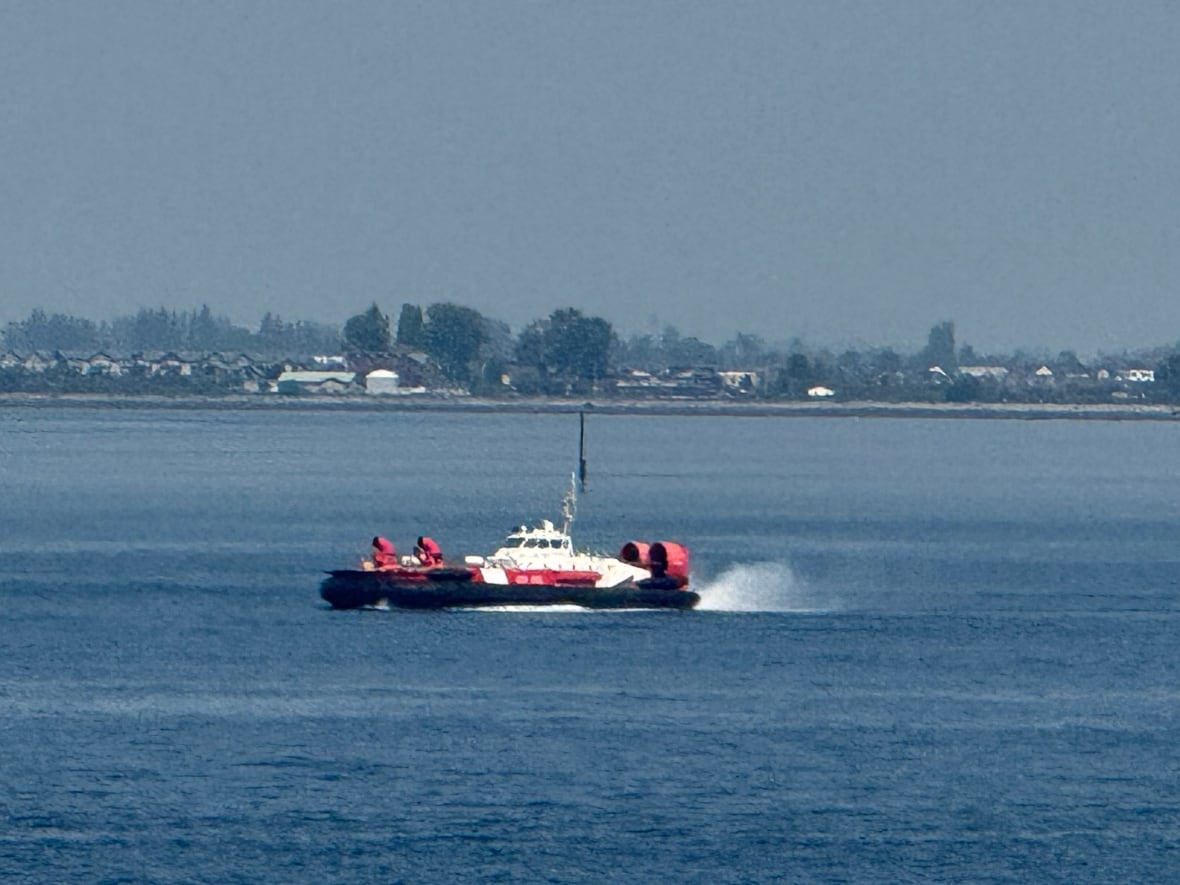 A hovercraft speeds past in open water.