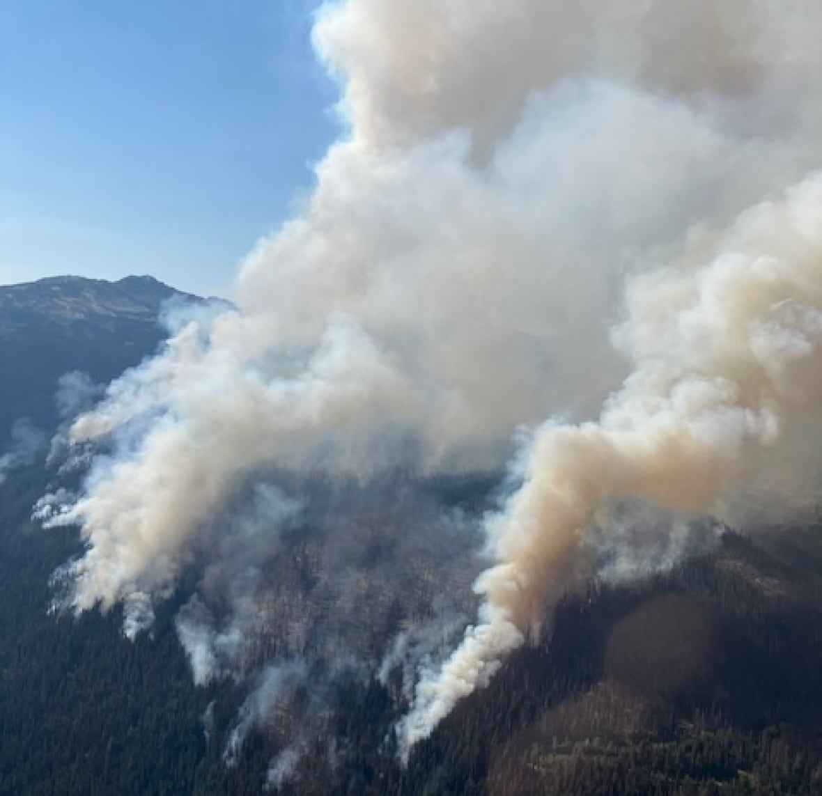 Plumes of smoke arise from a wildfire on a forested hill.