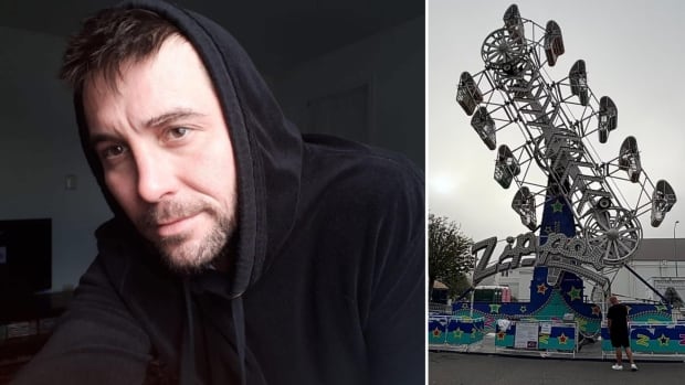 A man in black hoodie on the left. A carnival rid eon the right.