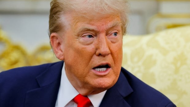 U.S. President Donald Trump is seen reacting during a meeting with Poland's president, which was held in the Oval Office on Sept. 3, 2025.