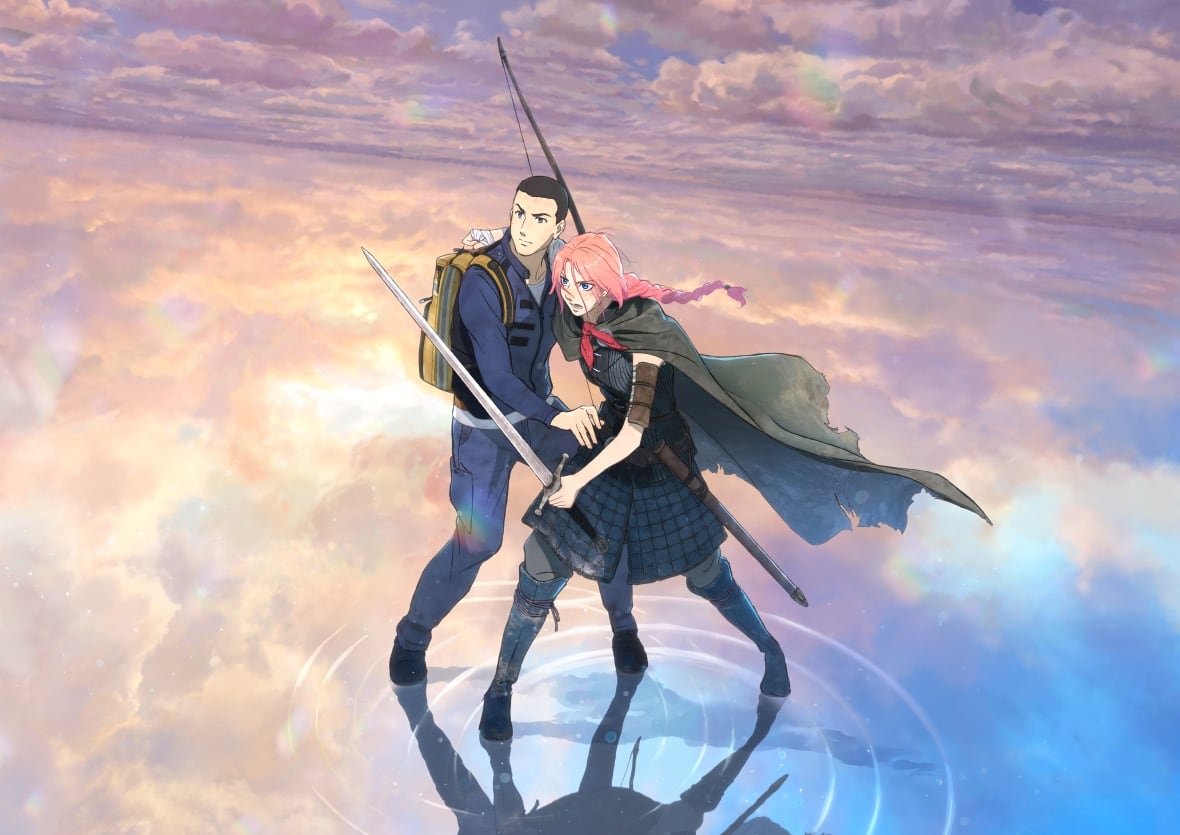an anime film still of a man and woman holding weapons, standing on a cloudy plain.