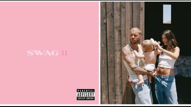 A side-by-side image: On the left, a pink album cover with "SWAG II" printed on it. On the right, a man with a shaved head, tattooed arm and wearing a white tank top and blue jeans, hold a baby boy wearing a diaper, next to a smiling woman with long dark hair and wearing a white crop top and blue jeans. 
