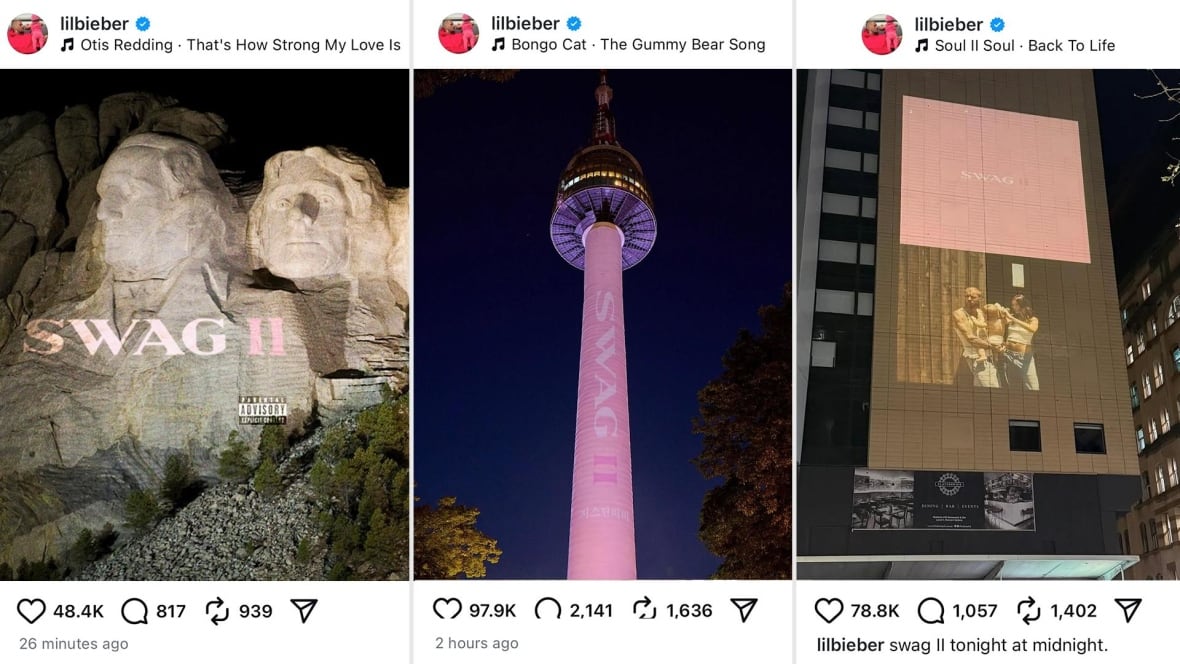 Uma imagem composta mostrando três postagens do Instagram, lado a lado. Da esquerda para a direita: uma imagem do Monte Rushmore, com os rostos de quatro homens esculpidos na pedra, e o título