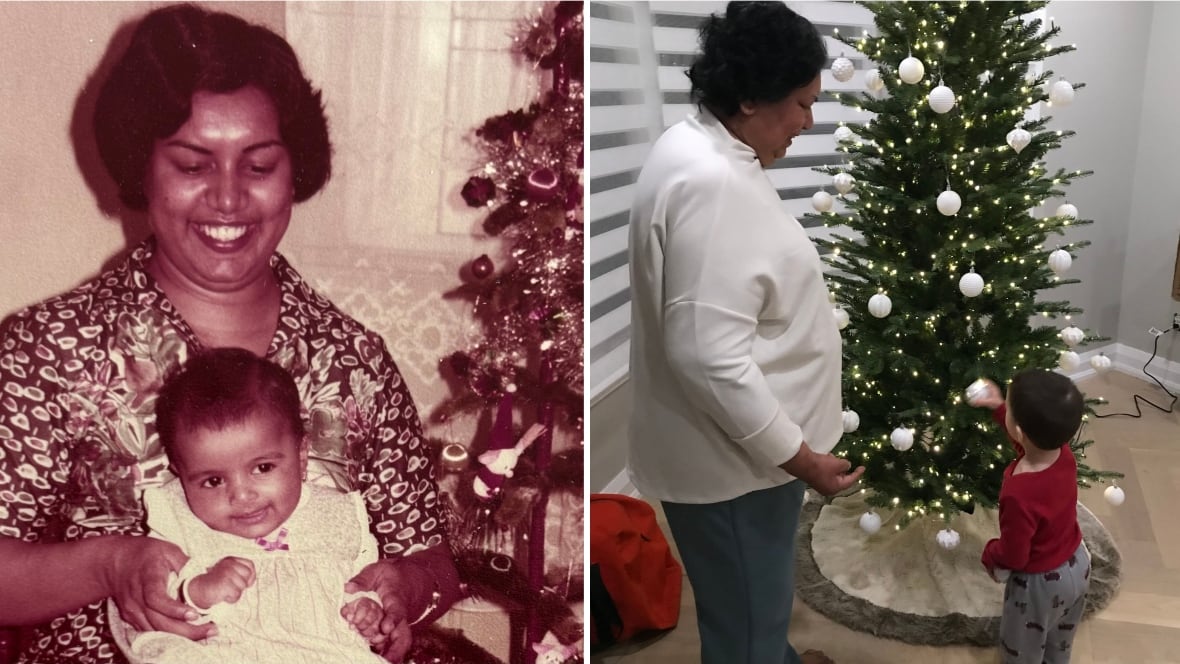 Two photos, with the first showing a woman holding her baby with a Christmas tree nearby. The second shows the same woman, but older, helping a small child to decorate a Christmas tree.
