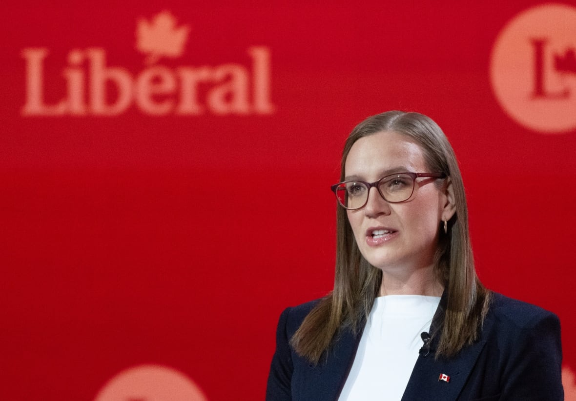 Liberal Party of Canada leadership candidate Karina Gould speaks during the English-language Liberal Leadership debate in Montreal on Tuesday, Feb. 25, 2025. The Federal Liberals will pick a new leader on March 9.