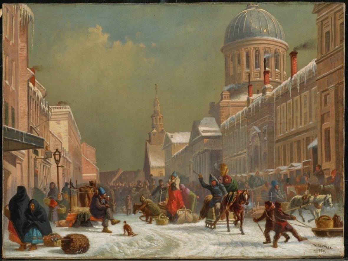 A painting showing a bustling market. 