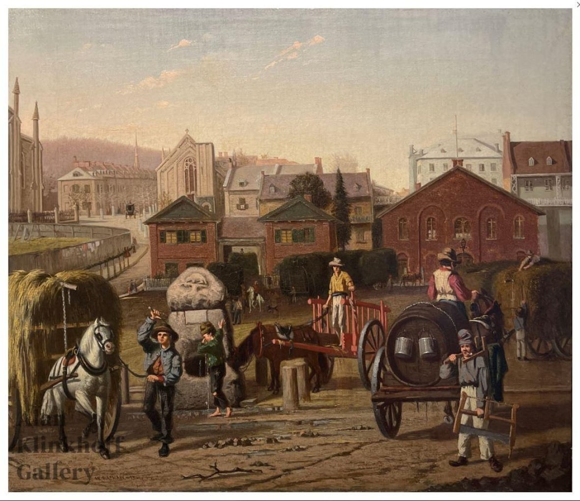 A painting of people in an outdoor market.