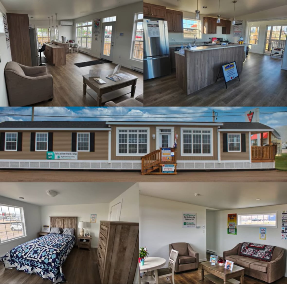 Five images that show different photos from inside a cabin, outside and different rooms.