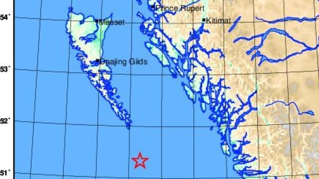 A red star marks the location of an earthquake south of Haida Gwaii off the northern B.C. coast.