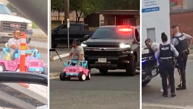A composite image showing a man driving a child-sized pink Barbie Jeep along a road, then being pulled over, and finally arrested.