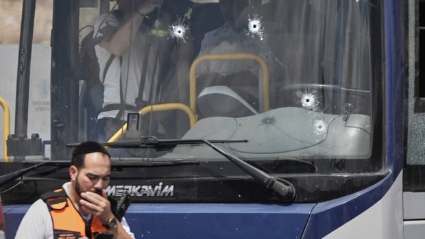 A bearded man is shown standing in front of a bus which has a windshield with several holes in it. 