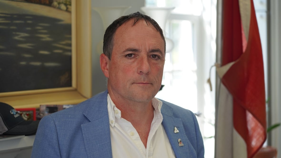 A man with dark, thinning hair, wearing a blue suit jacket and white shirt stands in an office, next to a Canadian flag.