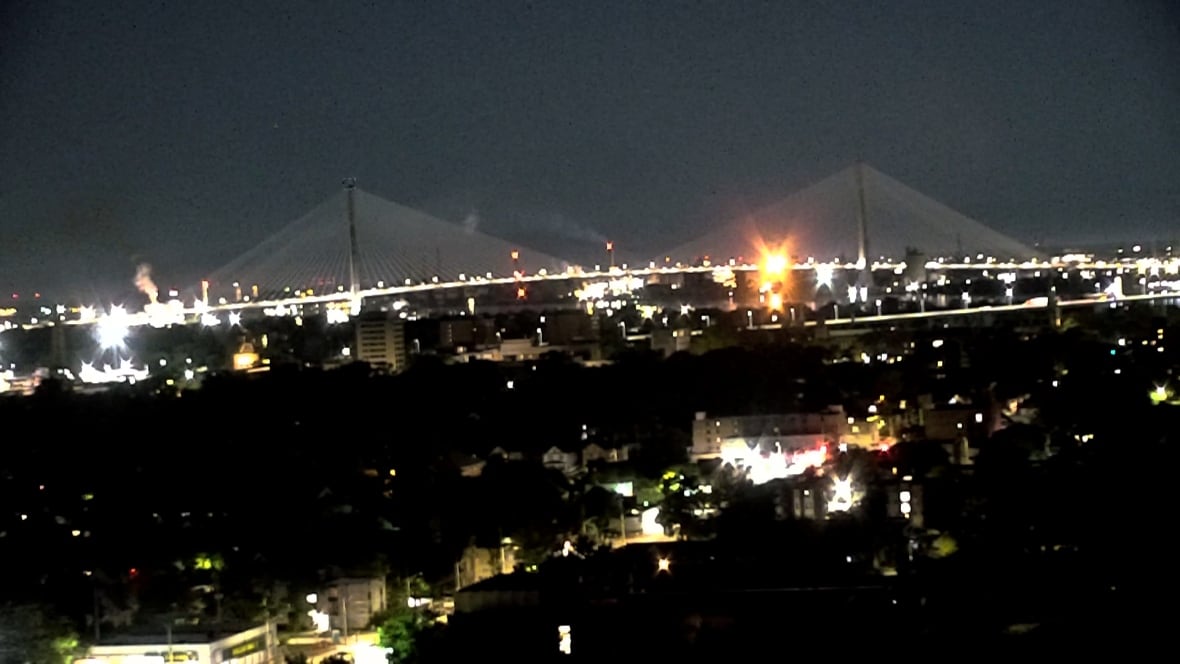 An aerial view of the Gordie Howe International Bridge from the CBC tower cam in Windsor, Ont.