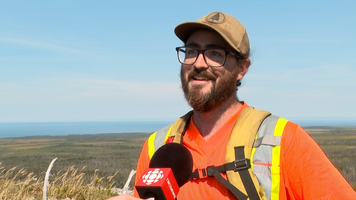 a man standing on top of a mountain with a bag of tree seedlings strapped to his back.