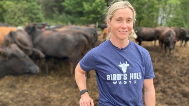 Jessica Frenette, the owner of Birds Hill Farms in Woodstock, says foodies and chefs around the Maritimes are looking for beef from her Wagyu cows, but trade barriers make it difficult to ship outside the province. A smiling woman with blond hair pulled back in a ponytail leans against a fence post in front of some cows.