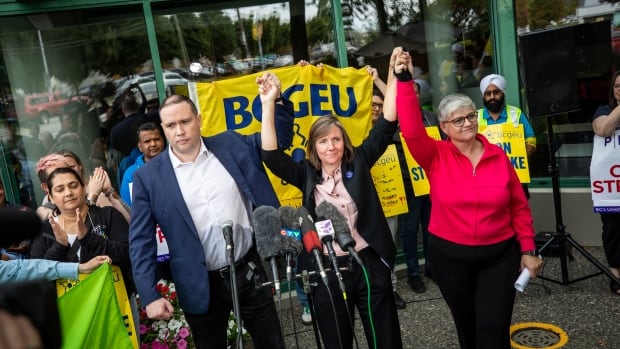 Three people stand with their hands linked and up in the air, with picketing signs in the background.
