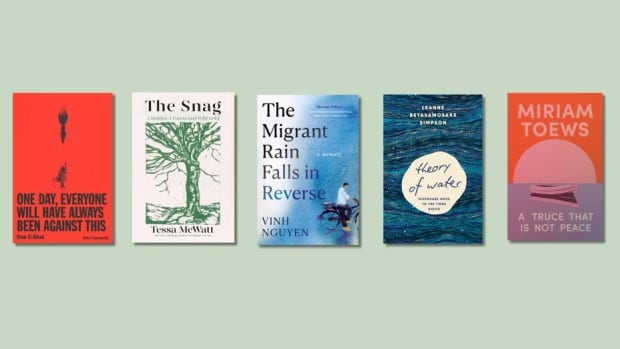 Five book covers against a green backround.