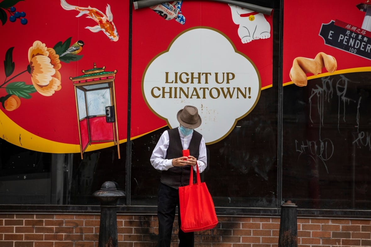 A well -dressed man with a hat, his hidden face, he stops in front of a window with a promotional sign that says "Illuminate Chinatown!"
