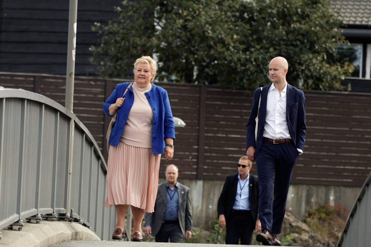 Erna Solberg, the leader of the Conservative Party in Norway, is going to vote on the day of election in Bergen, Norway.
