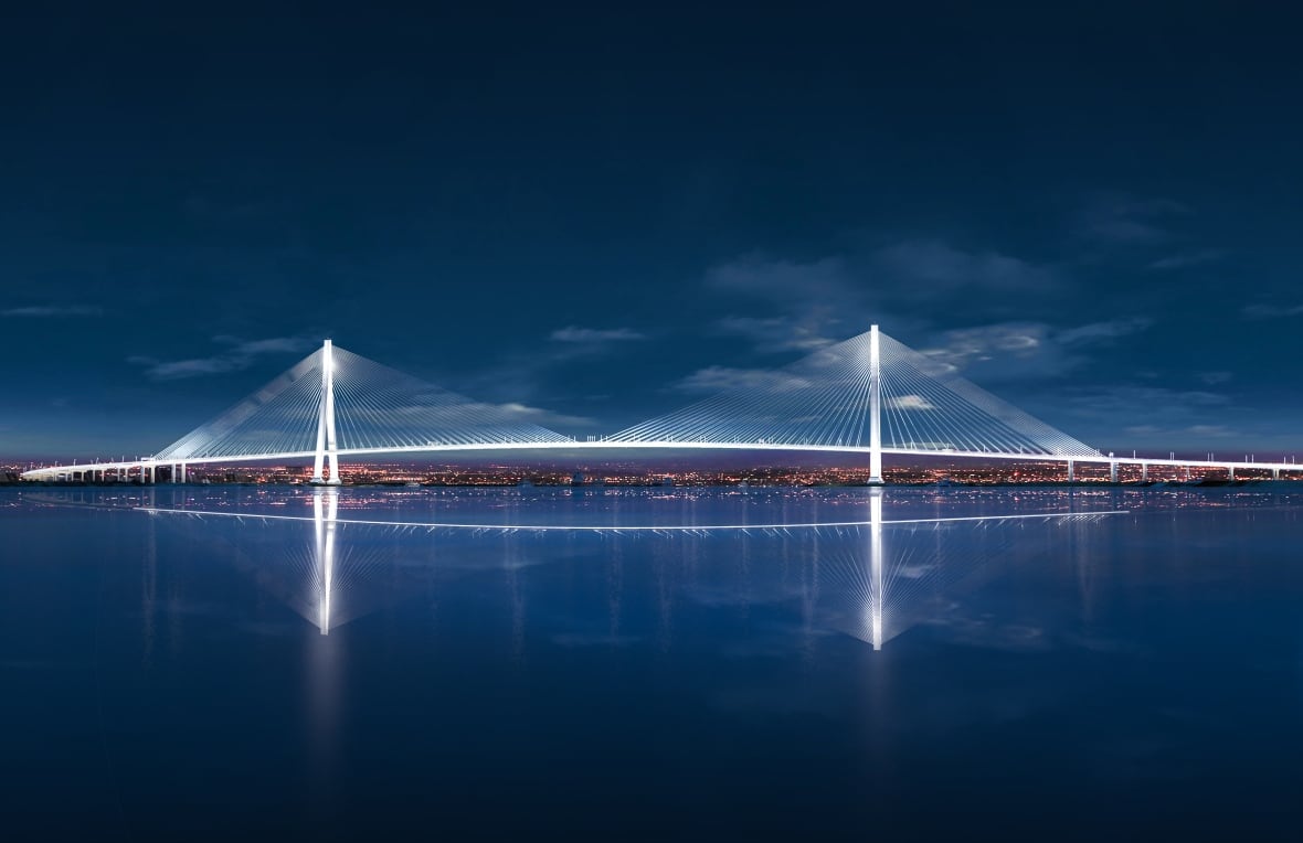 What the international crossing linking Detroit, Mich., and Windsor, Ont., is expected to look like once it's complete and all of the nighttime lights are activated. 