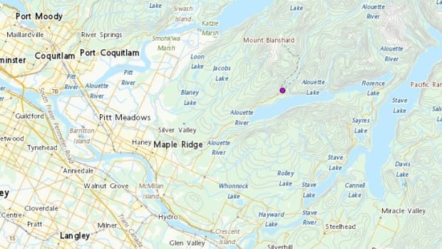 A map shows a dot on a spot northeast of Maple Ridge, located in mountainous area. 