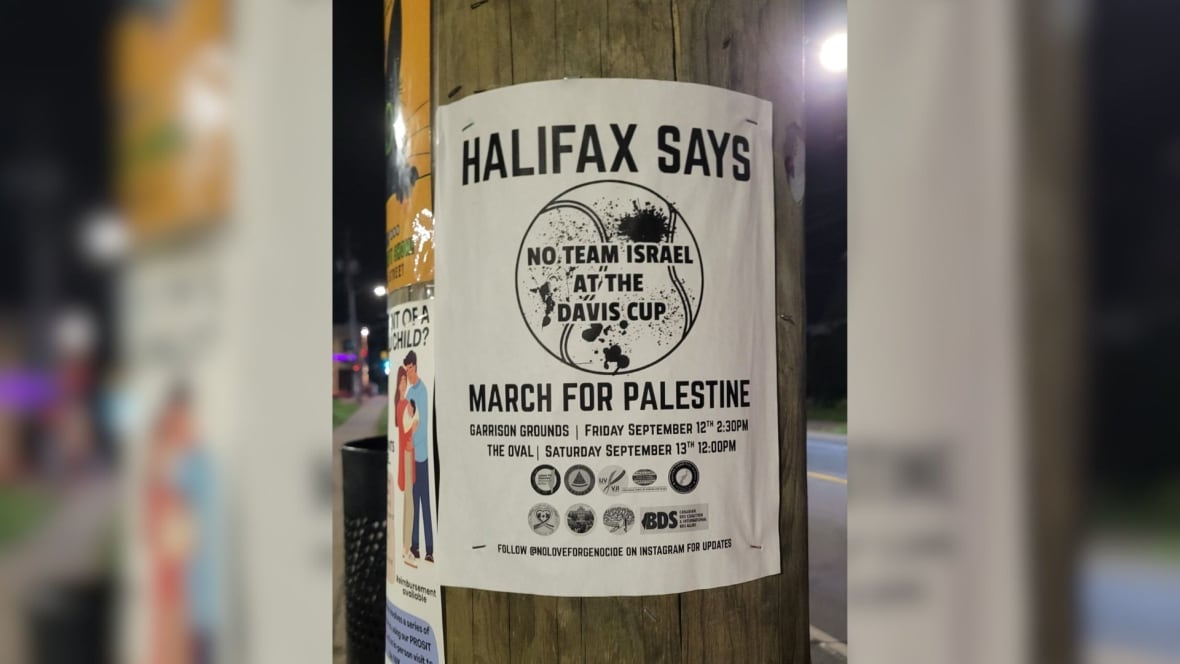 A flyer promoting a March for Palestine event scheduled during the Davis Cup matches in Halifax.