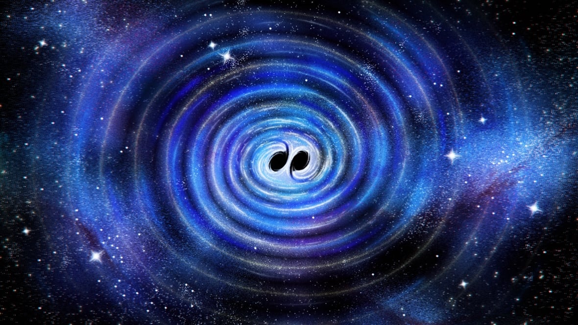 Two ovals are in the middle of the image very close together, with stars and blue ripples surrounding them.