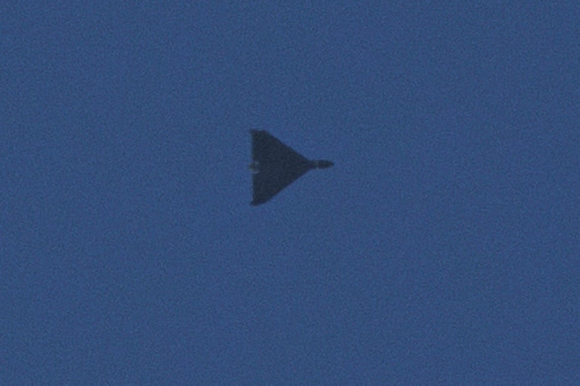 A Shahed drone flies during a Russian strike on Kyiv, Ukraine, on Sunday, Sept. 7, 2025. 