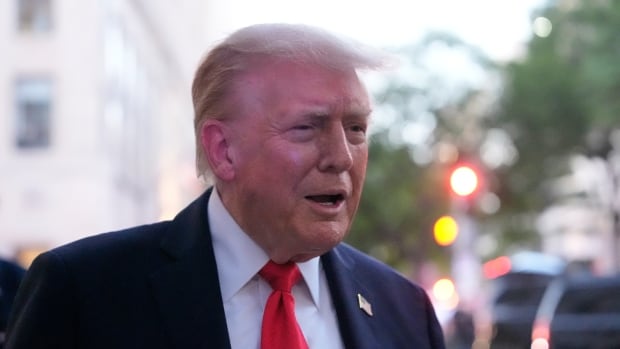 President Donald Trump speaks to reporters before he enters a restaurant near the White House, on Tuesday. An older blonde haired man who is clean shaven is shown in closeup speaking in an outdoor setting. He is wearing a suit and tie.