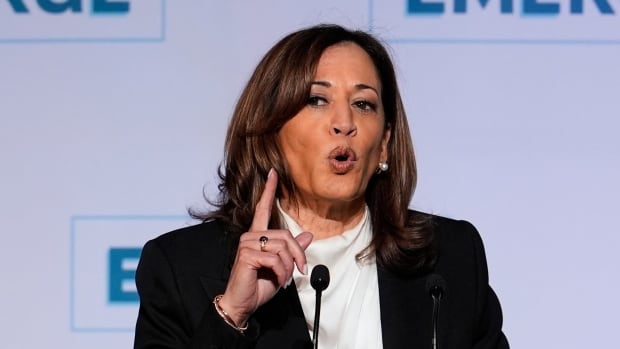 A woman with shoulder length brown hair and wearing a suit jacket points while speaking at a podium.