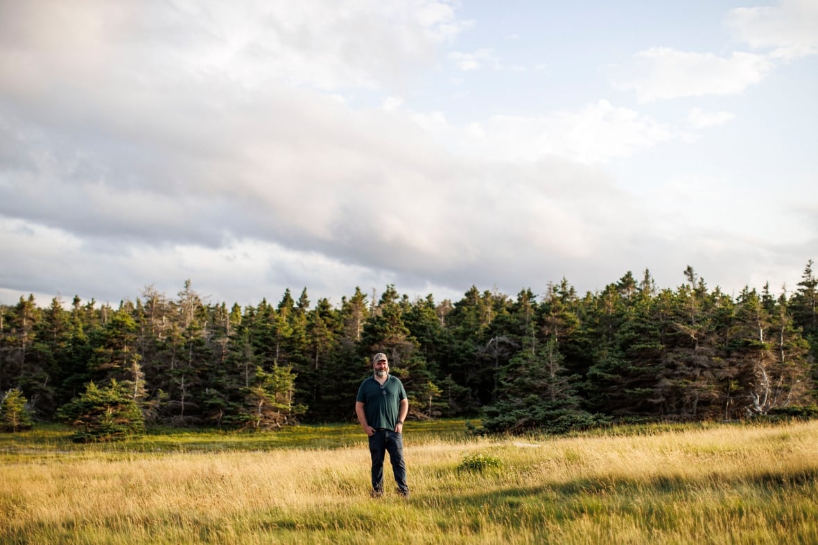 A bearded man stands in a grassy field with his hands in his pockets.