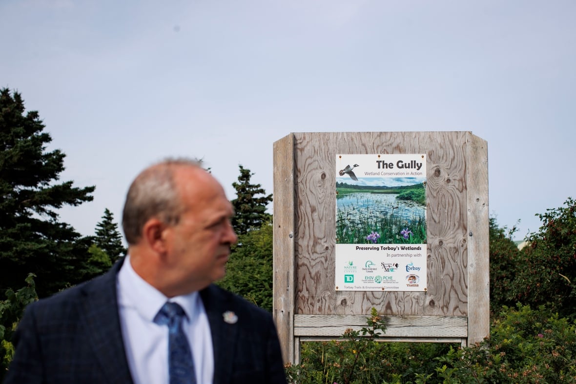 A man in a suit with grey hair stands in a forested area next to a sign that reads "The Gully: Wetland Conservation in Action"