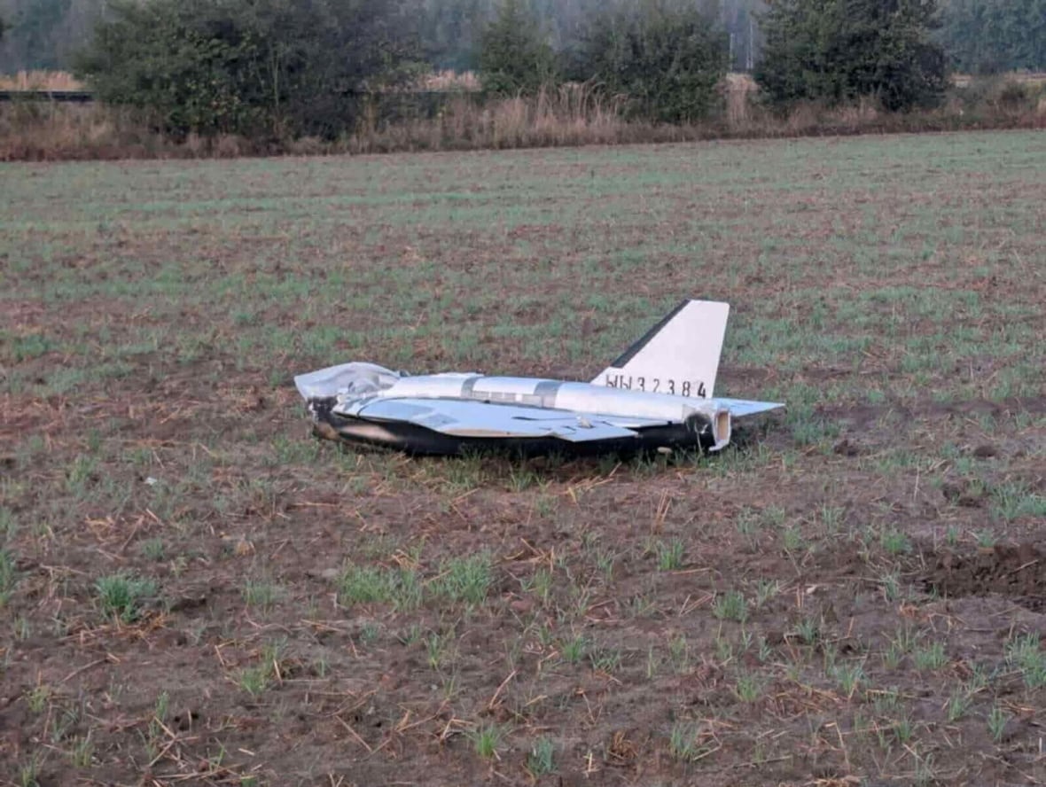 A damaged drone lies after falling in the eastern Polish village of Czosnowka, in this picture obtained from social media, in Czosnowka, Poland, September 10, 2025. 